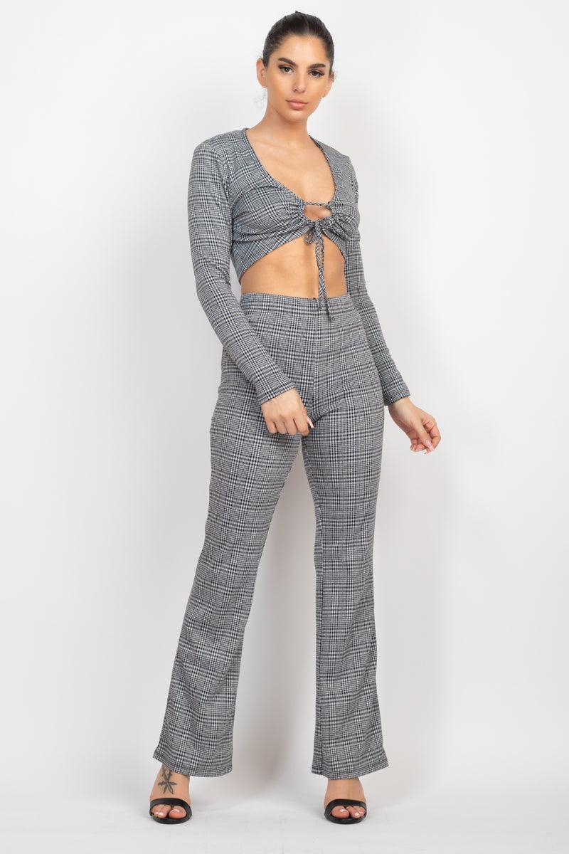 Plaid Cut-out Long Sleeve Top & Pants Set | Mixtshop LLC Main image