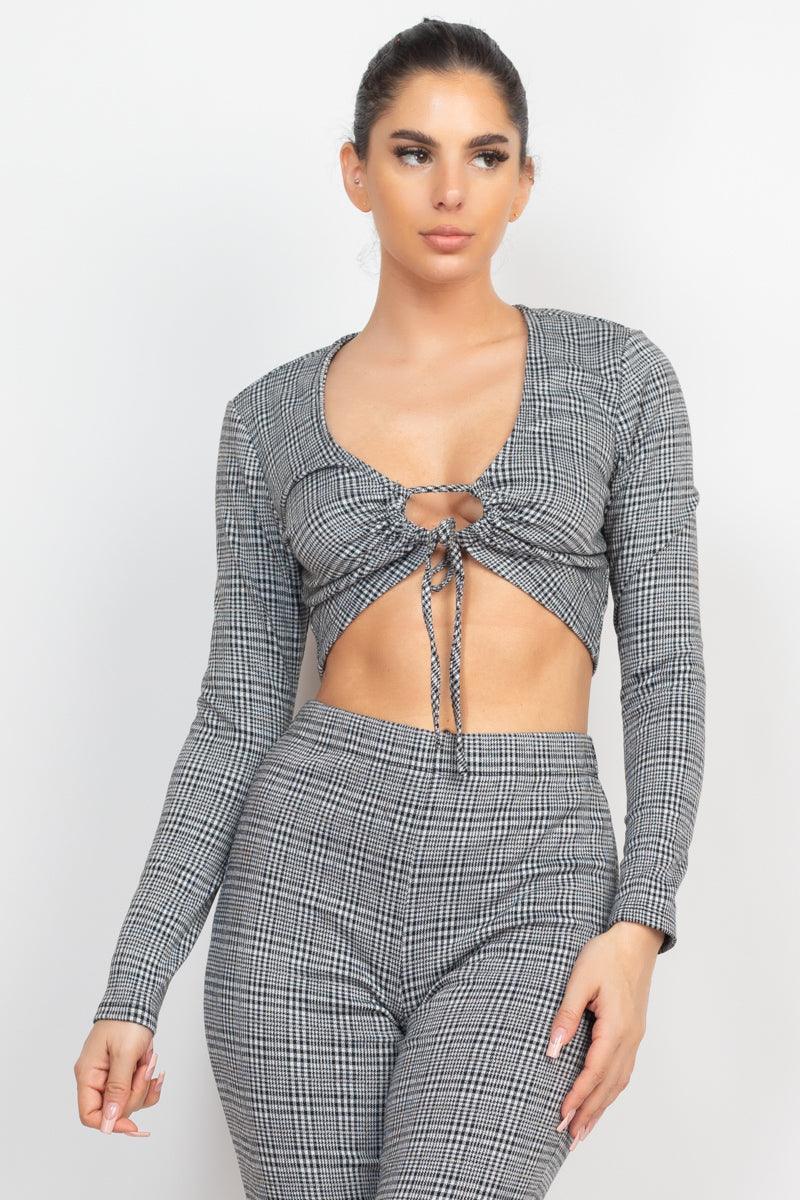 Plaid Cut-out Long Sleeve Top & Pants Set Secondary image