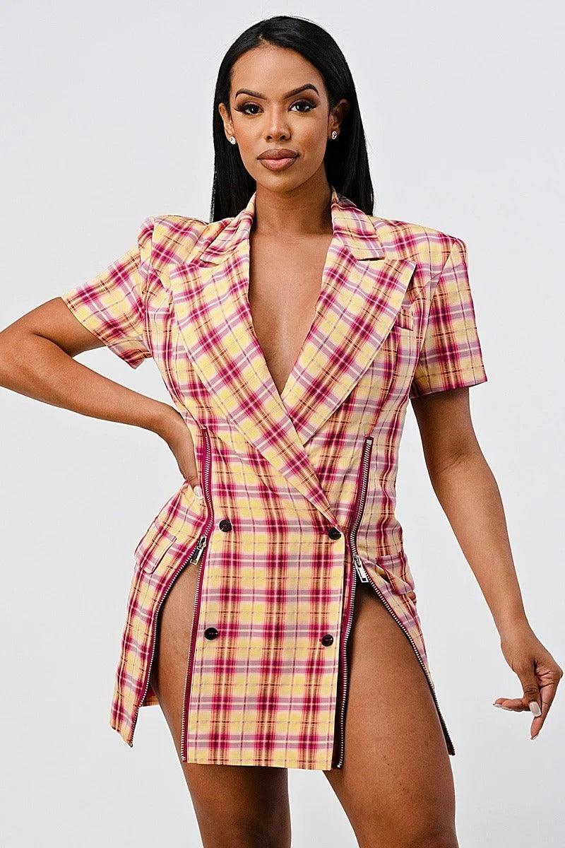 Wide Collared Double Breasted Plaid Blazer Mini Dress | Mixtshop LLC Main image