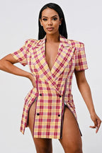 Wide Collared Double Breasted Plaid Blazer Mini Dress | Mixtshop LLC