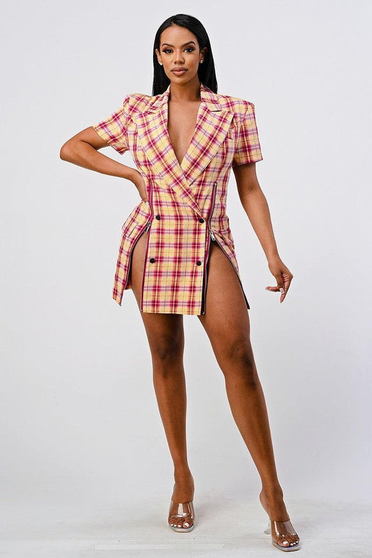 Wide Collared Double Breasted Plaid Blazer Mini Dress | Mixtshop LLC