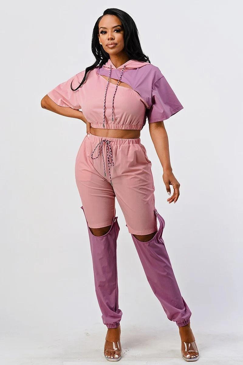 Pants Set In Color Block With Hoodie And Detachable Bottom Part | Mixtshop LLC Main image