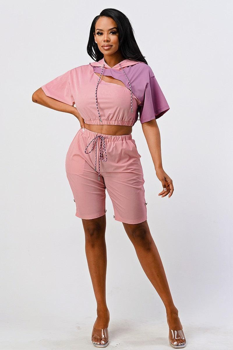 Pants Set In Color Block With Hoodie And Detachable Bottom Part | Mixtshop LLC