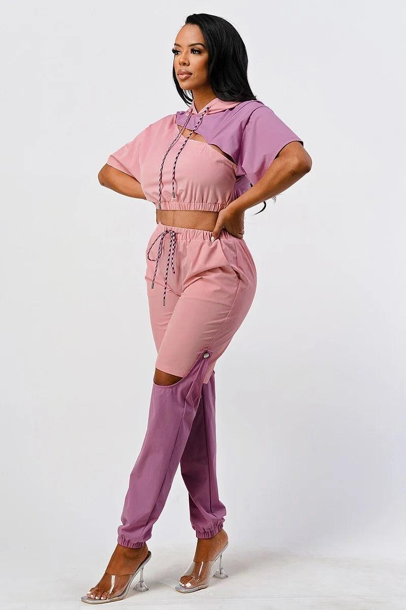 Pants Set In Color Block With Hoodie And Detachable Bottom Part | Mixtshop LLC