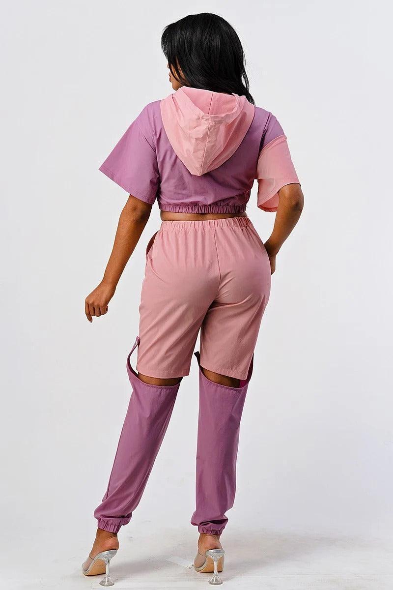 Pants Set In Color Block With Hoodie And Detachable Bottom Part | Mixtshop LLC