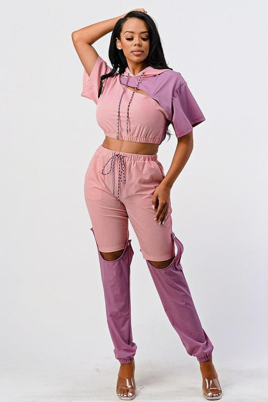 Pants Set In Color Block With Hoodie And Detachable Bottom Part | Mixtshop LLC