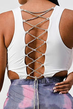 White Sleeveless Top With Detachable Rhinestone Cross Open Back With Bodycon Tie Dye Ruched Mini Dress | Mixtshop LLC