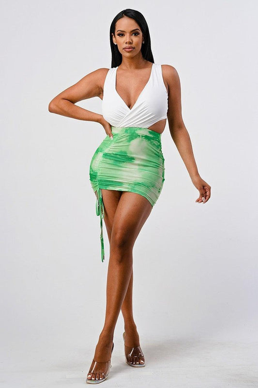 White Sleeveless Top With Detachable Rhinestone Cross Open Back With Bodycon Tie Dye Ruched Mini Dress | Mixtshop LLC