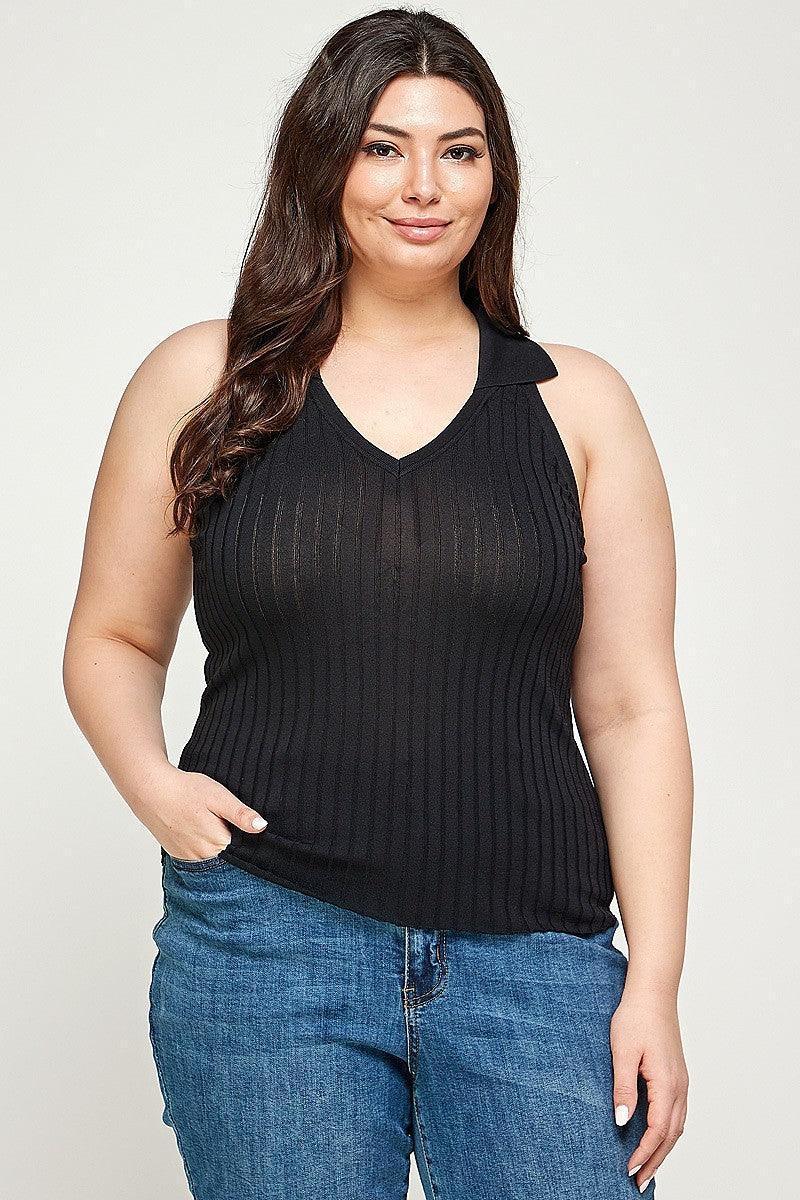 Plus Size, Solid Ribbed Knit Polo Sleeveless Top | Mixtshop LLC Main image