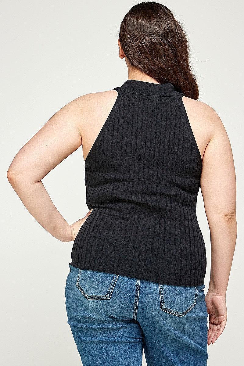 Plus Size, Solid Ribbed Knit Polo Sleeveless Top | Mixtshop LLC
