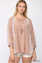 Solid Crinkle And Print Mix Raglan Sleeve Top With Tassel Tie | Mixtshop LLC