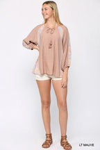 Solid Crinkle And Print Mix Raglan Sleeve Top With Tassel Tie | Mixtshop LLC