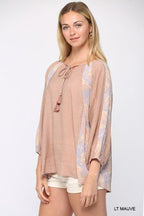 Solid Crinkle And Print Mix Raglan Sleeve Top With Tassel Tie | Mixtshop LLC