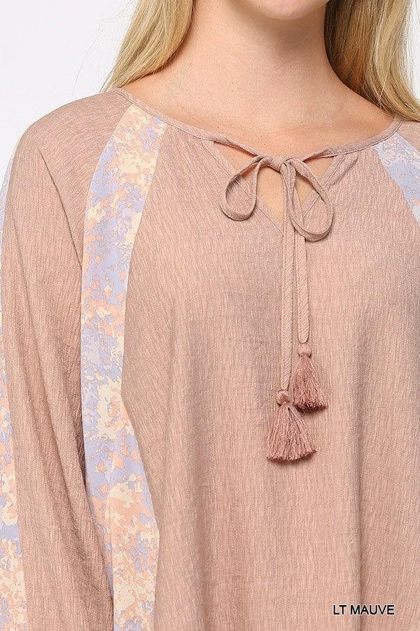 Solid Crinkle And Print Mix Raglan Sleeve Top With Tassel Tie | Mixtshop LLC