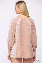 Solid Crinkle And Print Mix Raglan Sleeve Top With Tassel Tie | Mixtshop LLC