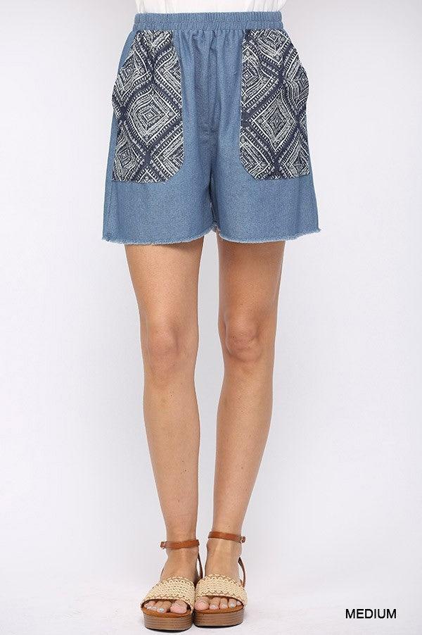 Denim And Print Pockets Elastic Waist Shorts With Raw Hem | Mixtshop LLC