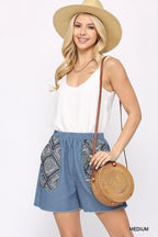Denim And Print Pockets Elastic Waist Shorts With Raw Hem | Mixtshop LLC