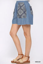 Denim And Print Pockets Elastic Waist Shorts With Raw Hem | Mixtshop LLC