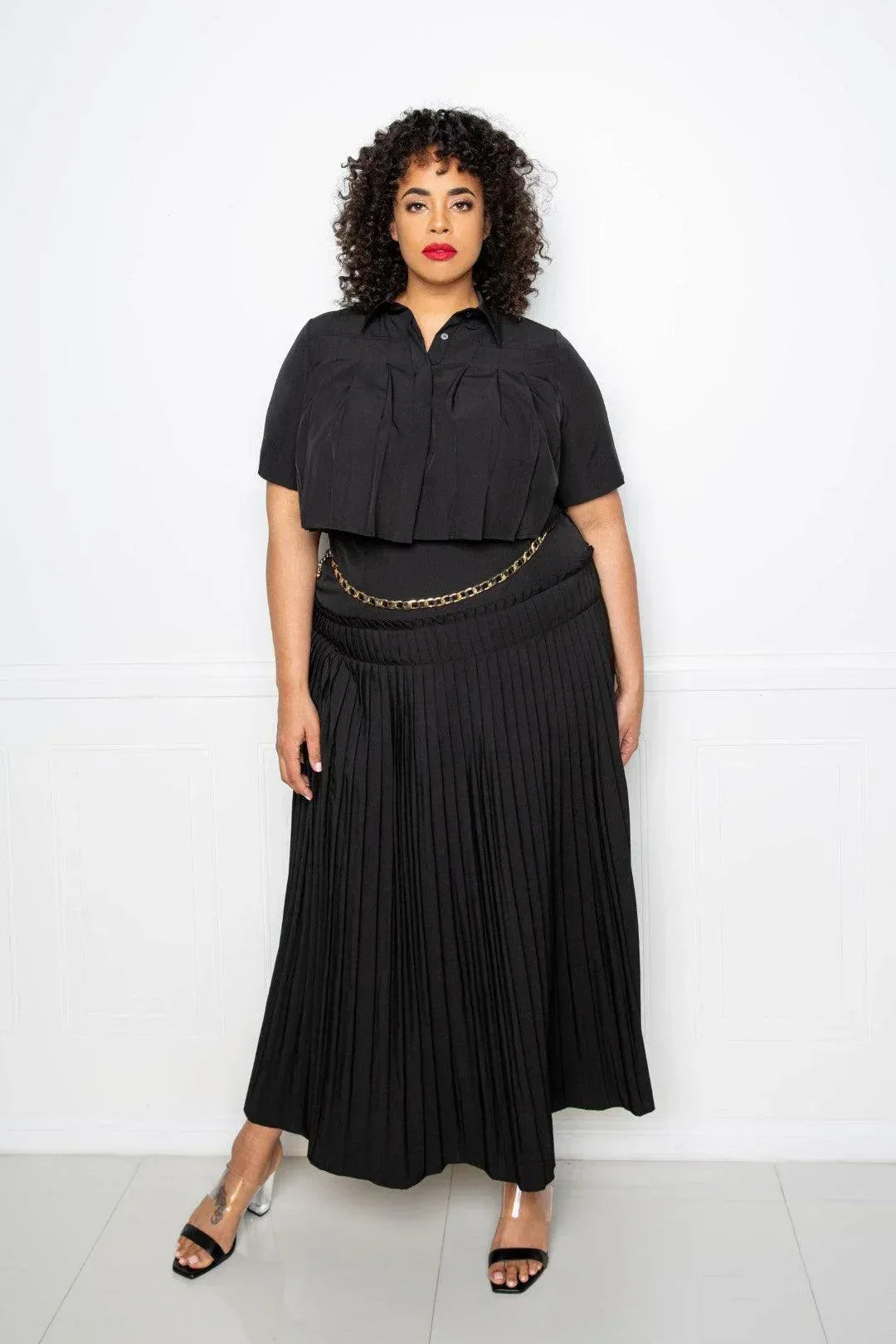 Pleated Cropped Shirt And Maxi Skirt Set | Mixtshop LLC Main image