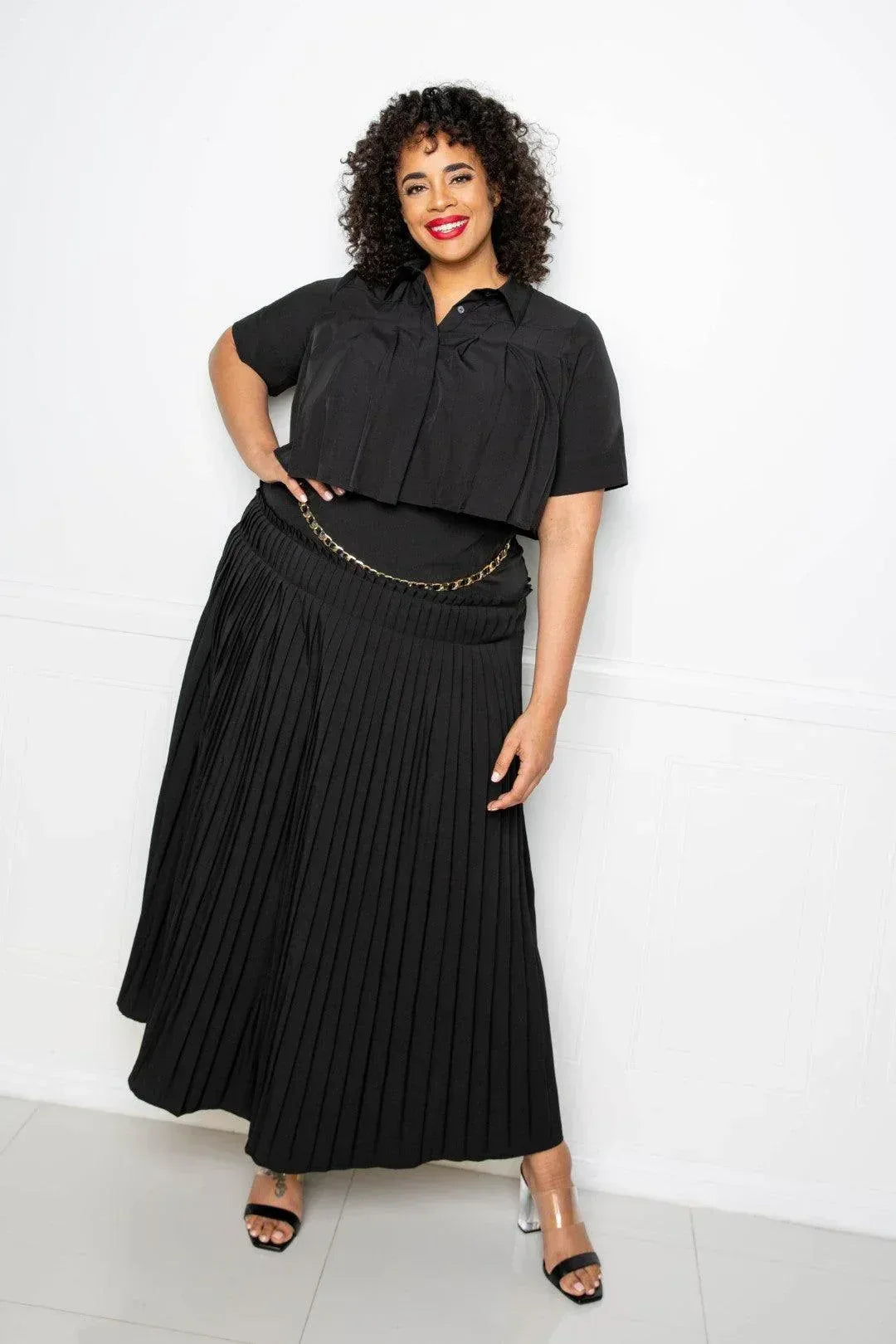 Pleated Cropped Shirt And Maxi Skirt Set | Mixtshop LLC