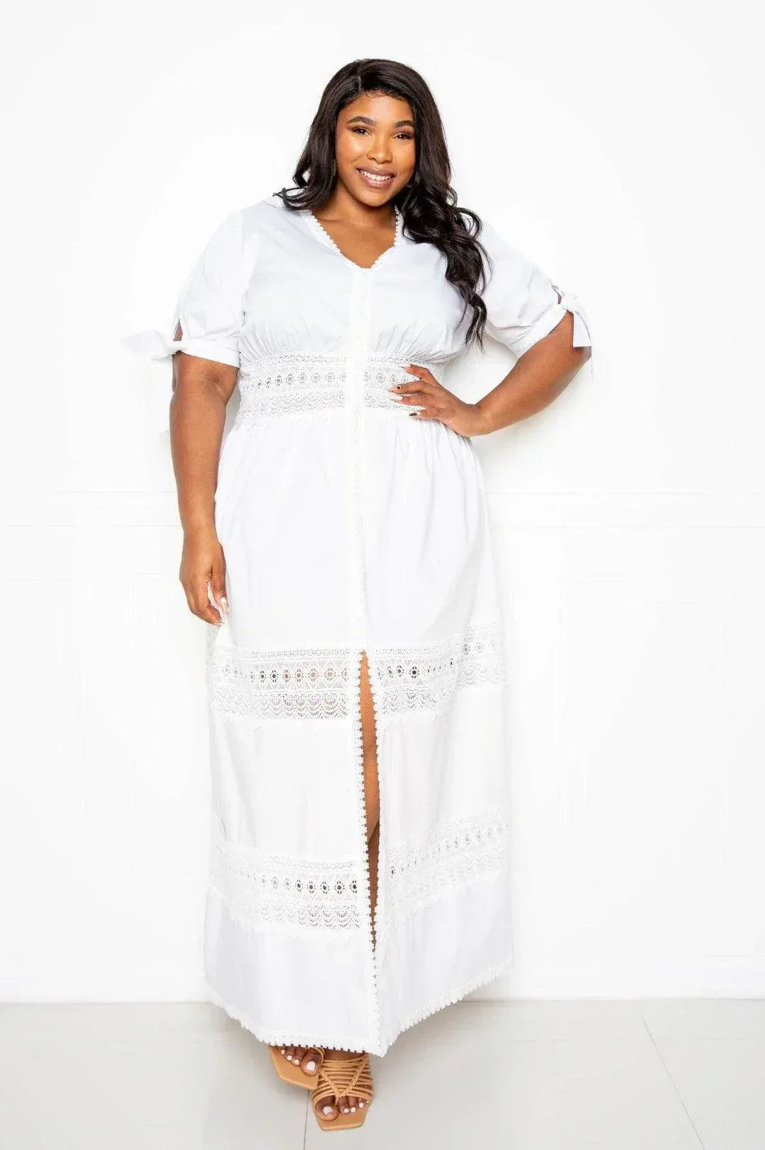 Puff Sleeve Maxi Dress With Lace Insert | Mixtshop LLC Main image