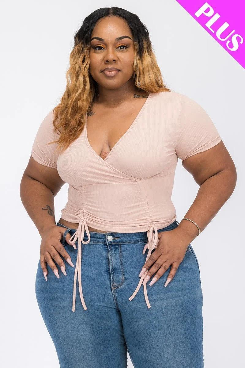 Plus Ribbed Ruched Drawstring Surplice Top | Mixtshop LLC Main image