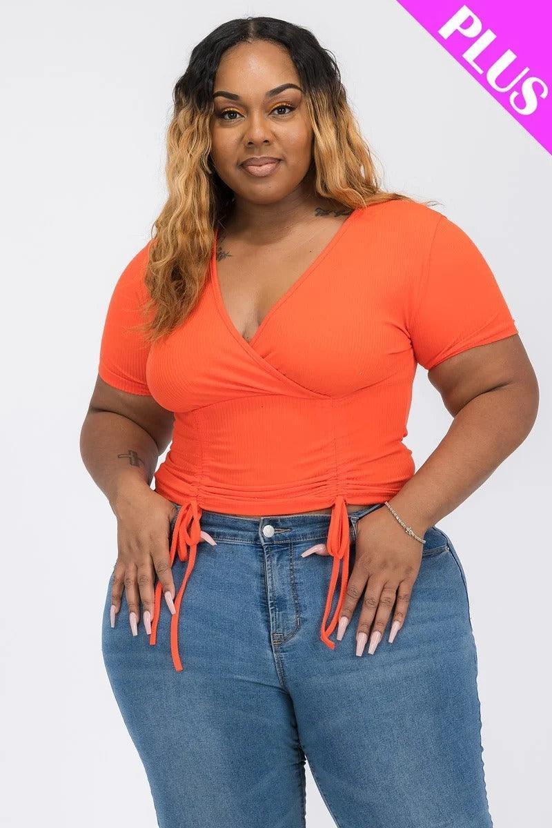 Plus Ribbed Ruched Drawstring Surplice Top | Mixtshop LLC