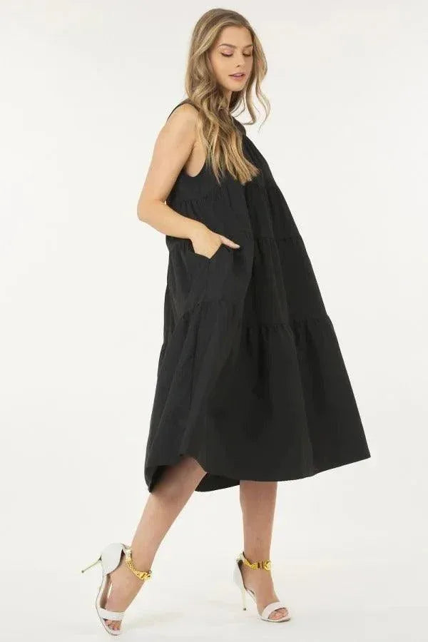 Sleeveless Basic Stretch Poplin Dress With Layers | Mixtshop LLC Main image