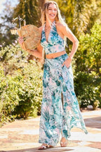 Back Elastic Waist Band Side Pockets Pleat Side Open Slit Tropical Print Pants | Mixtshop LLC
