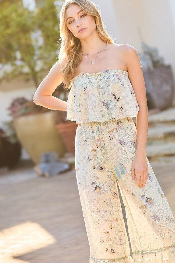 Tube Top With Tier Ruffle Waist Elastic Bottom Lace Trim Jumpsuit | Mixtshop LLC Main image