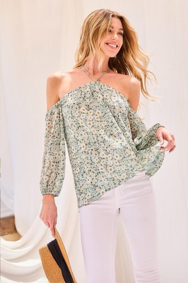 Strap Halter Neck Balloon Sleeve Floral Print Top | Mixtshop LLC Main image
