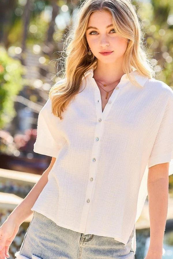 Collar Neck Button Down Sides Slit Oversized Solid Shirt Top Secondary image