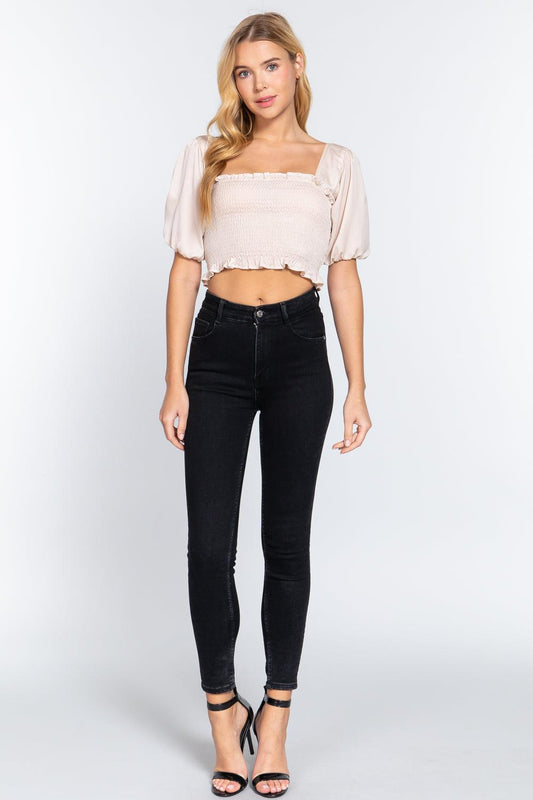 Elbow Sleeve Straight Neck Smocking W/ruffle Detail Woven Top | Mixtshop LLC