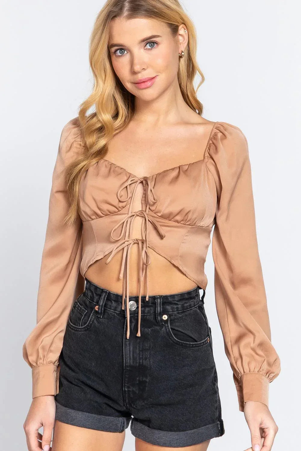 Long Sleeve Sweetheart Neck Front Ribbon Tie Detail Woven Top | Mixtshop LLC Main image