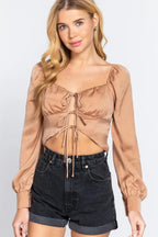 Long Sleeve Sweetheart Neck Front Ribbon Tie Detail Woven Top | Mixtshop LLC