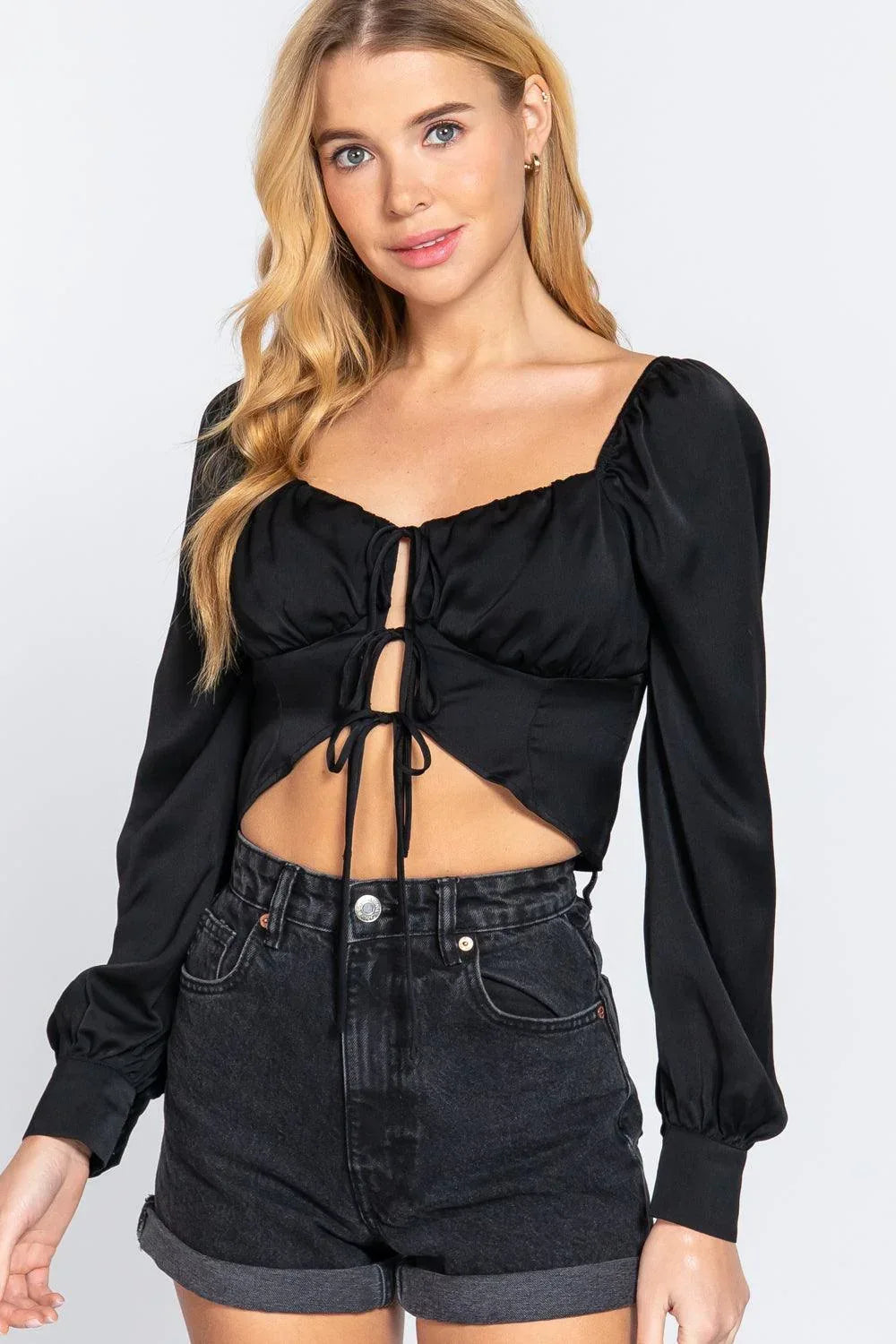 Long Sleeve Sweetheart Neck Front Ribbon Tie Detail Woven Top | Mixtshop LLC Main image