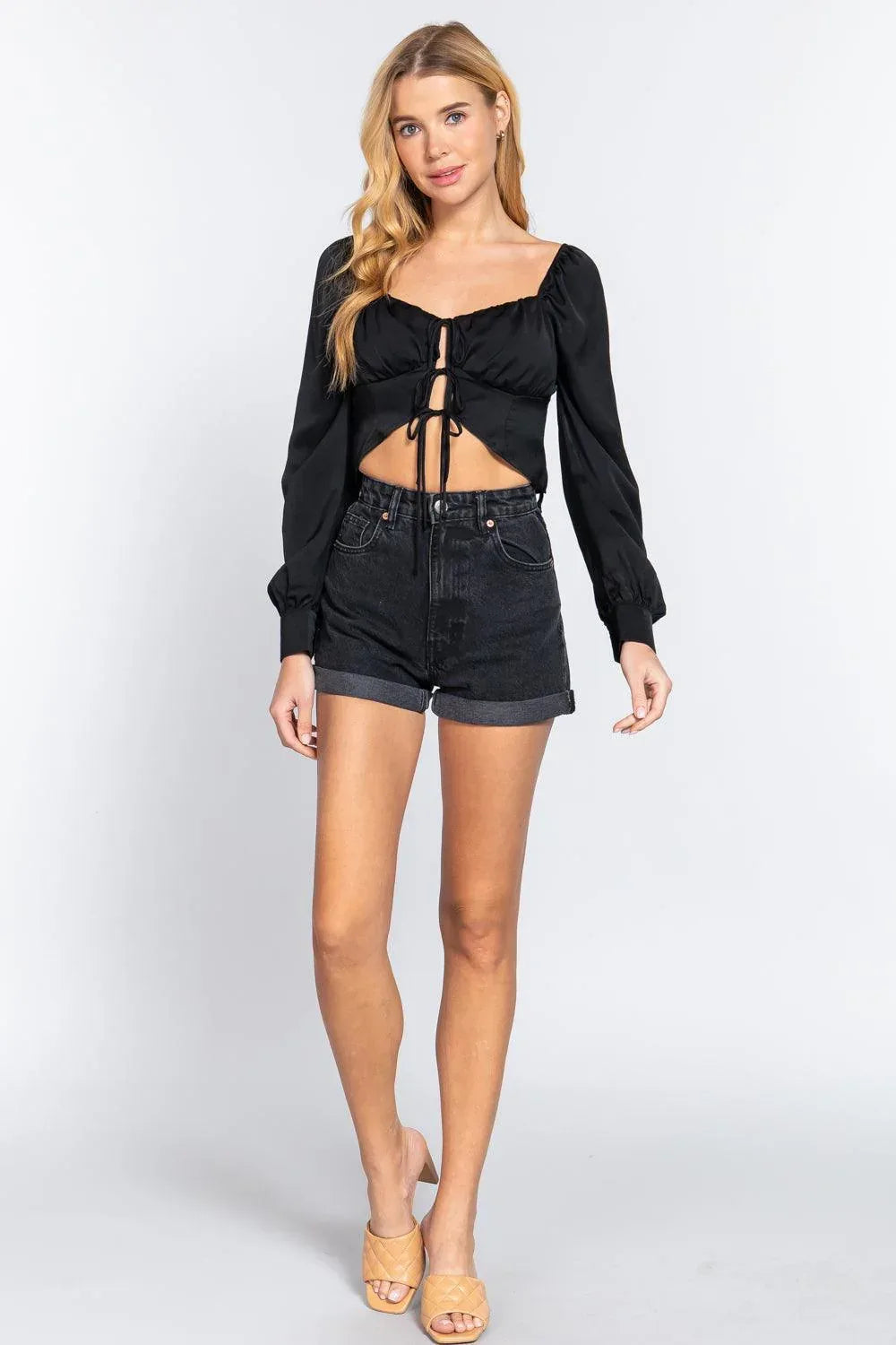 Long Sleeve Sweetheart Neck Front Ribbon Tie Detail Woven Top Secondary image