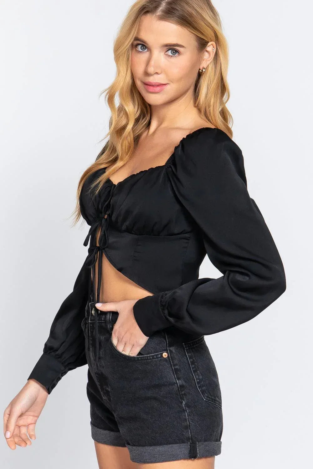 Long Sleeve Sweetheart Neck Front Ribbon Tie Detail Woven Top | Mixtshop LLC