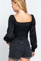 Long Sleeve Sweetheart Neck Front Ribbon Tie Detail Woven Top | Mixtshop LLC
