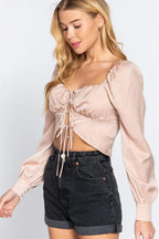 Long Sleeve Sweetheart Neck Front Ribbon Tie Detail Woven Top | Mixtshop LLC