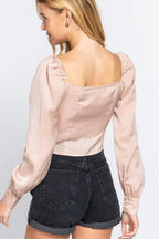Long Sleeve Sweetheart Neck Front Ribbon Tie Detail Woven Top | Mixtshop LLC