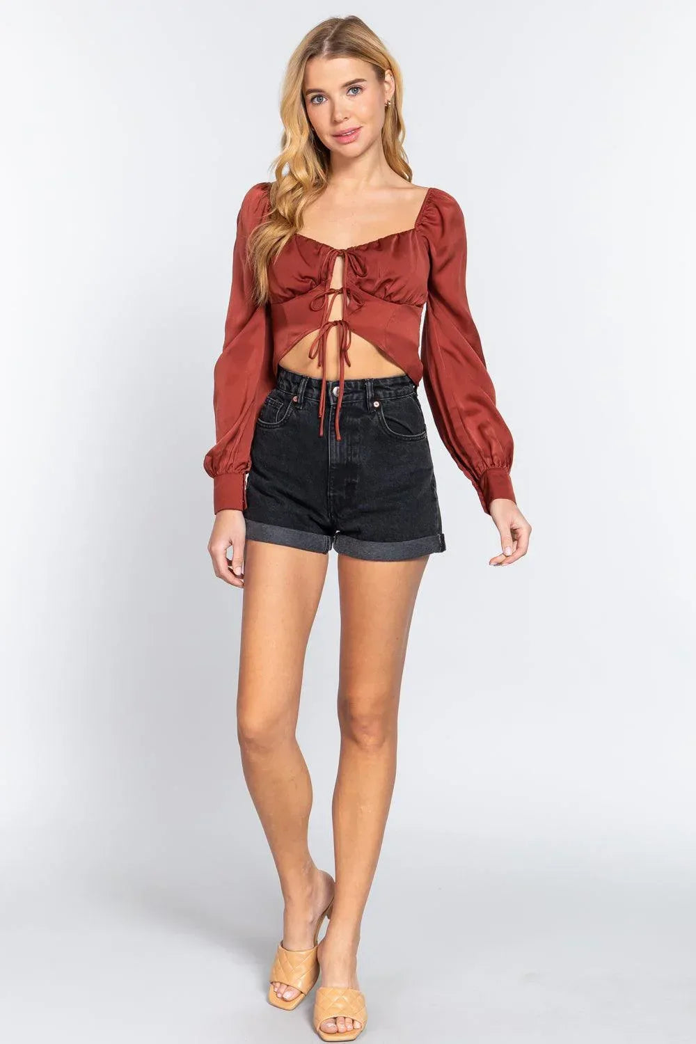 Long Sleeve Sweetheart Neck Front Ribbon Tie Detail Woven Top Secondary image
