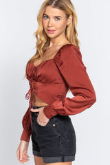 Long Sleeve Sweetheart Neck Front Ribbon Tie Detail Woven Top | Mixtshop LLC