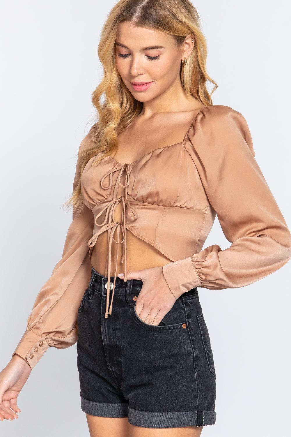 Long Sleeve Sweetheart Neck Front Ribbon Tie Detail Woven Top | Mixtshop LLC