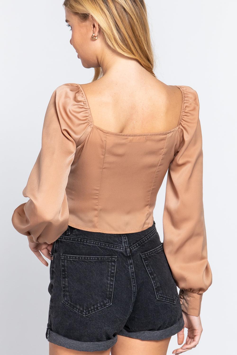 Long Sleeve Sweetheart Neck Front Ribbon Tie Detail Woven Top | Mixtshop LLC