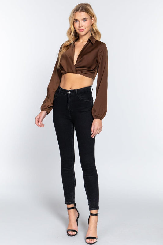 Long Sleeve Notched Collar Front Twisted Detail Crop Woven Top | Mixtshop LLC
