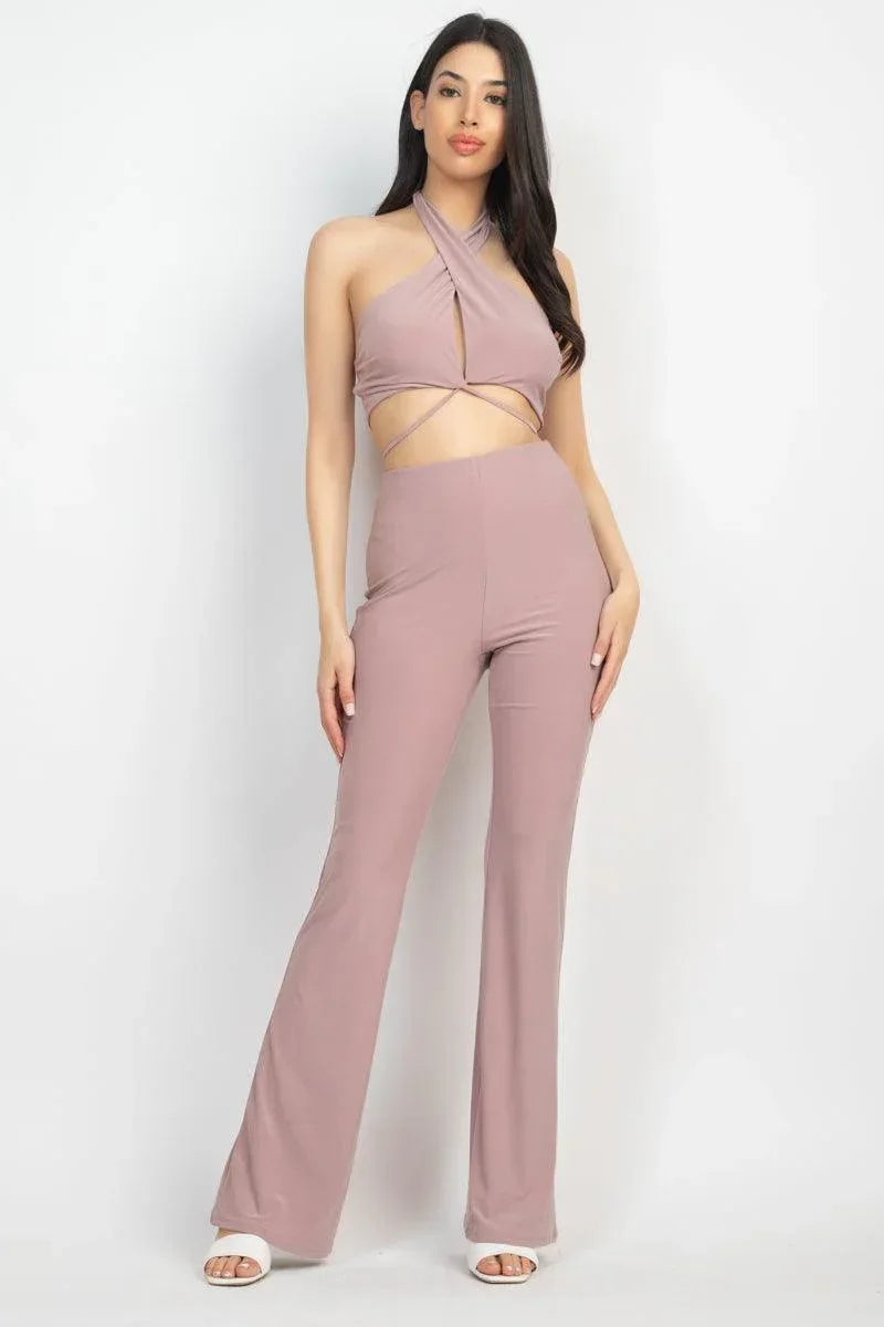 Solid Halter Top And Elastic Leggings Set | Mixtshop LLC Main image