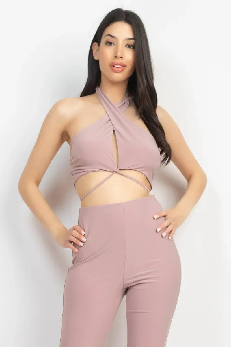 Solid Halter Top And Elastic Leggings Set Secondary image