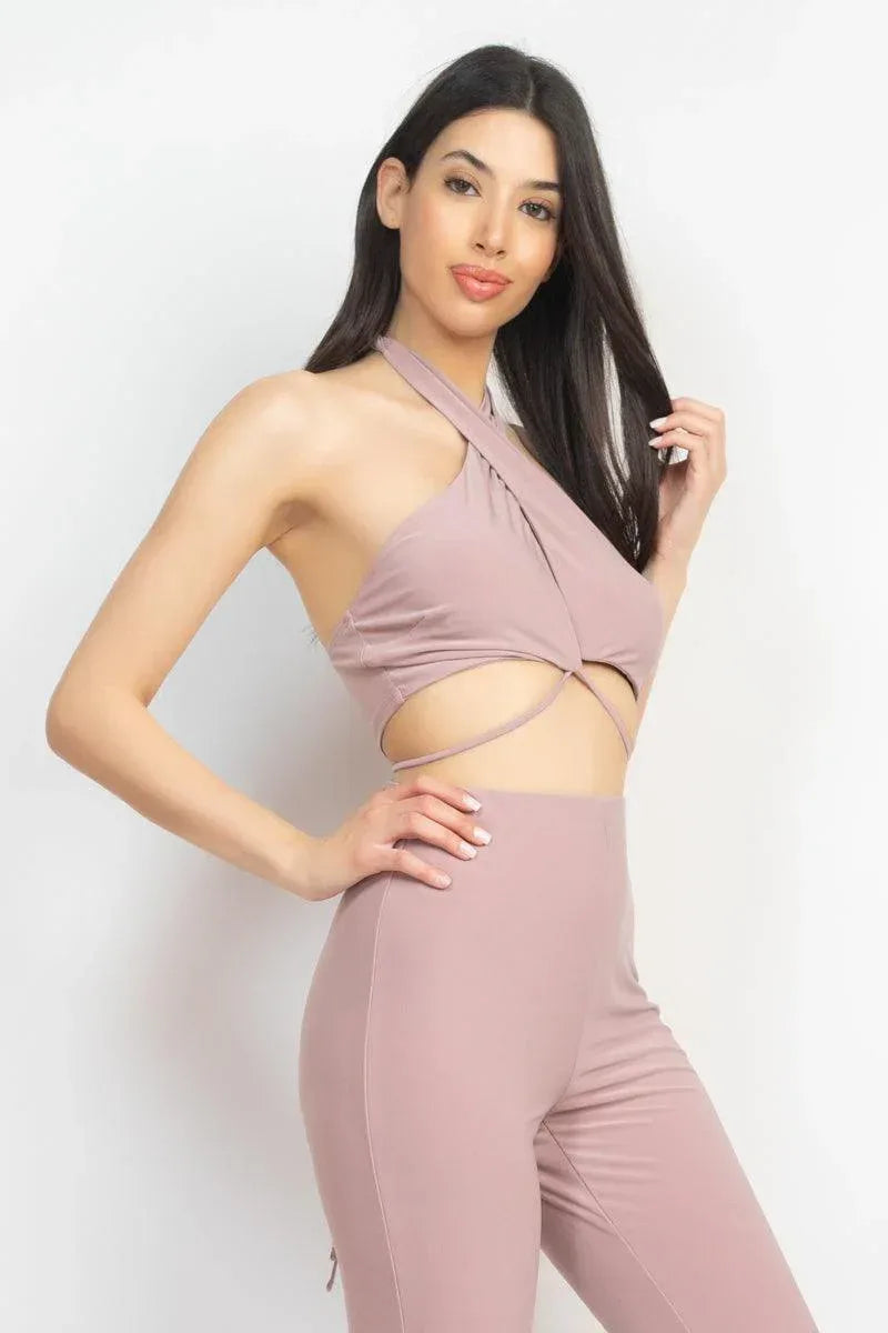 Solid Halter Top And Elastic Leggings Set | Mixtshop LLC