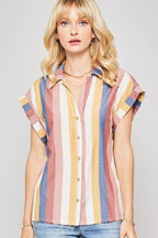 A Woven Shirt In Multicolor Striped With Collared Neckline | Mixtshop LLC